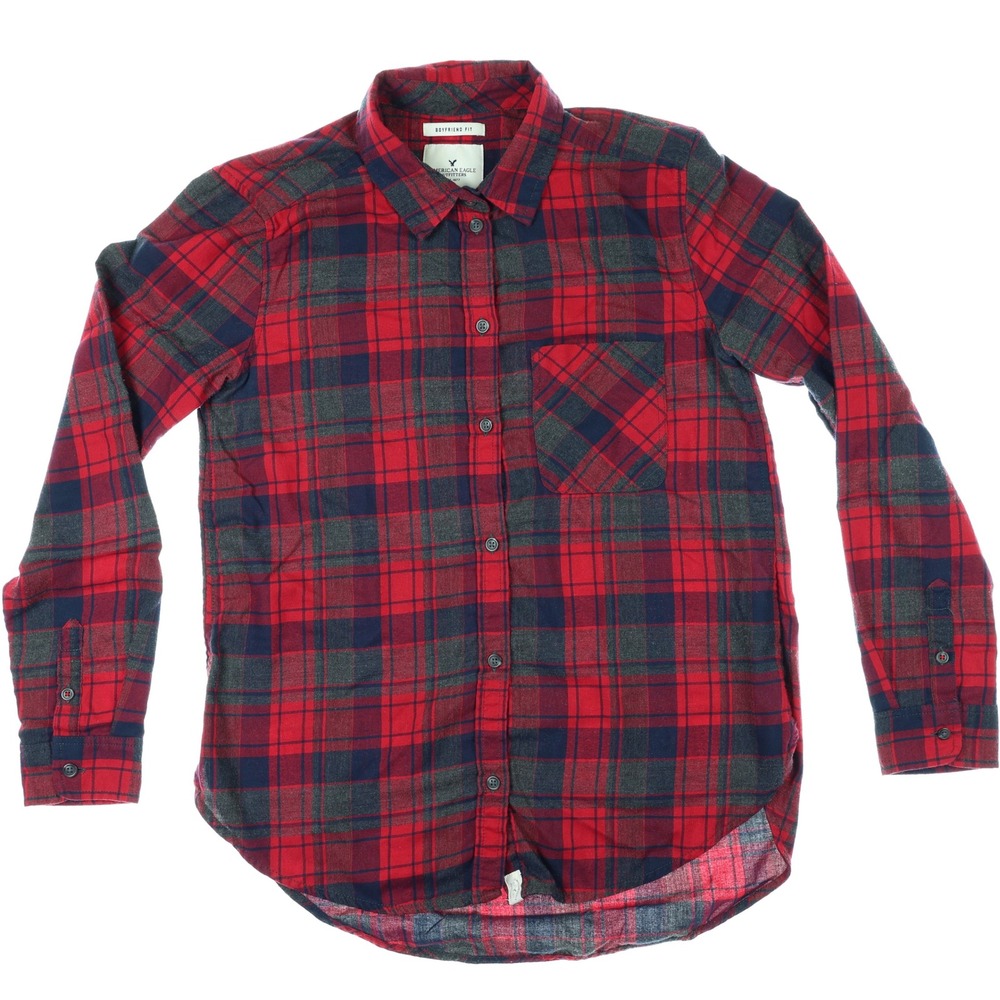 American Eagle Plaid Button Down Shirt Womens Small Red Navy‎ Blue Excellent Fit